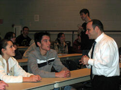 Is there a doctor in the house? Cosby High School sophomores Madison Vansavage (left) and John Rymer (center) speak with Seth Leibowitz, Ed.D., director of VCU’s pre-health and pre-law advising programs.  The goal is to work with high school students interested in medical careers now to help them make better choices once they get to college. Photo by: Mike Porter/VCU Office of University News Services.