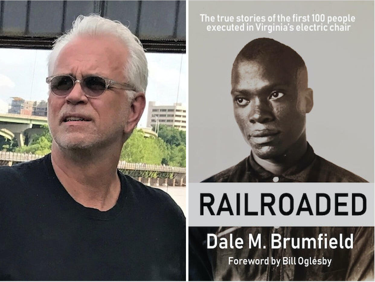 photo of Dale Brumfield and a photo of the cover of his new book called Railroaded.