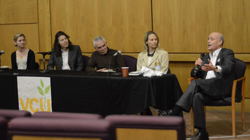 The lecture was followed by a question-and-answer session with Rifkin (far right) and a panel of sustainability, economics and health specialists. From left, Melanie Savia, Green Unity leadership team member; Linda Fernandez, Ph.D., joint appointment for Center for Environmental Studies and Economics; Mark Cooper, D.Min., former chair of Patient Counseling; and Alicia Zatcoff, sustainability coordinator for the city of Richmond and the event's facilitator.