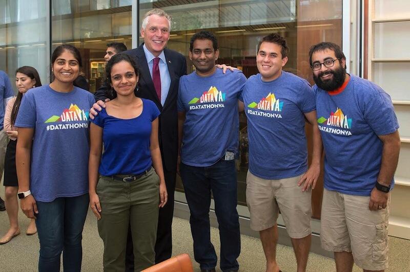 From left: Garma Oza, Diya Abraham, Gov. Terry McAuliffe, Praveen Sreepuram, Khai Wisler and Subhash Jaini. 