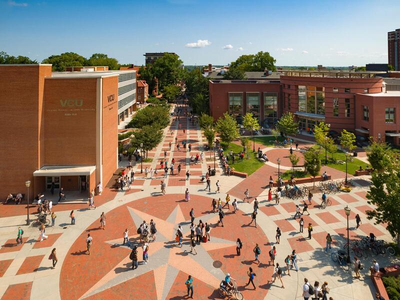 An aerial view of the Compass area of VCU's campus.