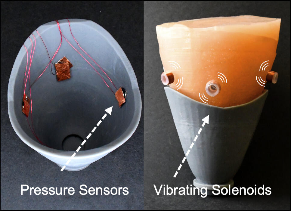 Two photos of the inside and outside of a prosthetic leg. The inside shows metal facits with wires coming out of them. A white arrow is pointing at one of them. Under the arrow is white text that reads \"Pressure Sensors.\" The second image shows metal facits on the outside of the prostheic. White vibration lines are illustrated around each facit. A white arrow is pointing at the prosthetic with white text under it that reads \"Vibrating Solenoids.\" 