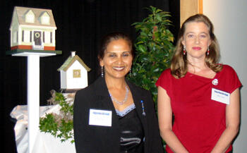 After the reception, Dr. Aradhana Bela Sood (left) and Claire Patrick, VTCC Advisory Council Member, pose with the ‘Helping Children Take Flight’ birdhouses. 

Photo by Sathya Achia-Abraham, University News Services
