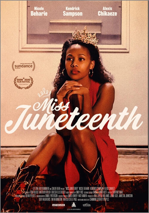 A photo of a woman sitting on the floor wearing a red dress, cow boy boots, and a crown. White texts over the image reads \"Miss Juneteenth\"