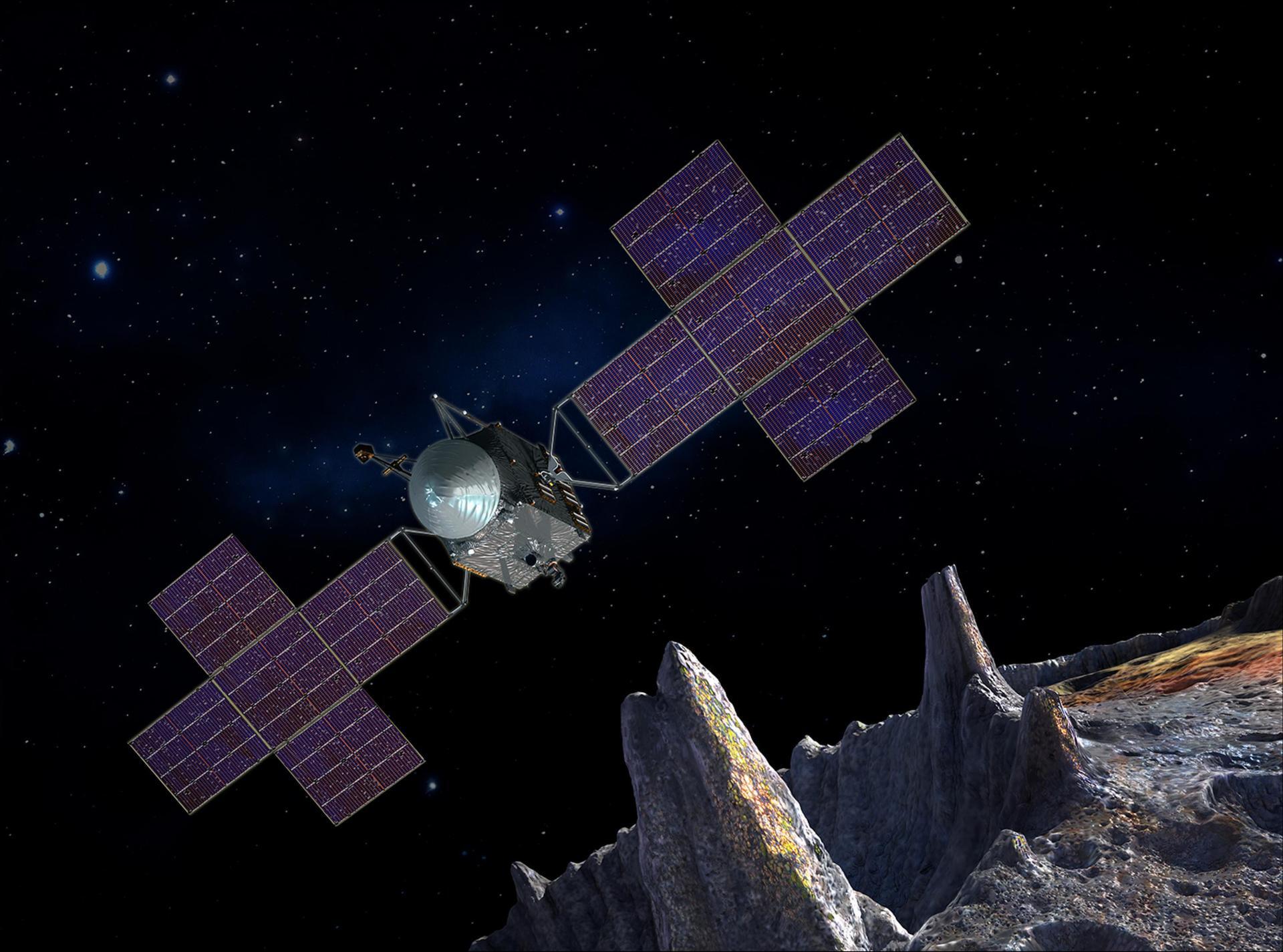 An image of a spacecraft flying above the surface of a rocky planet. 