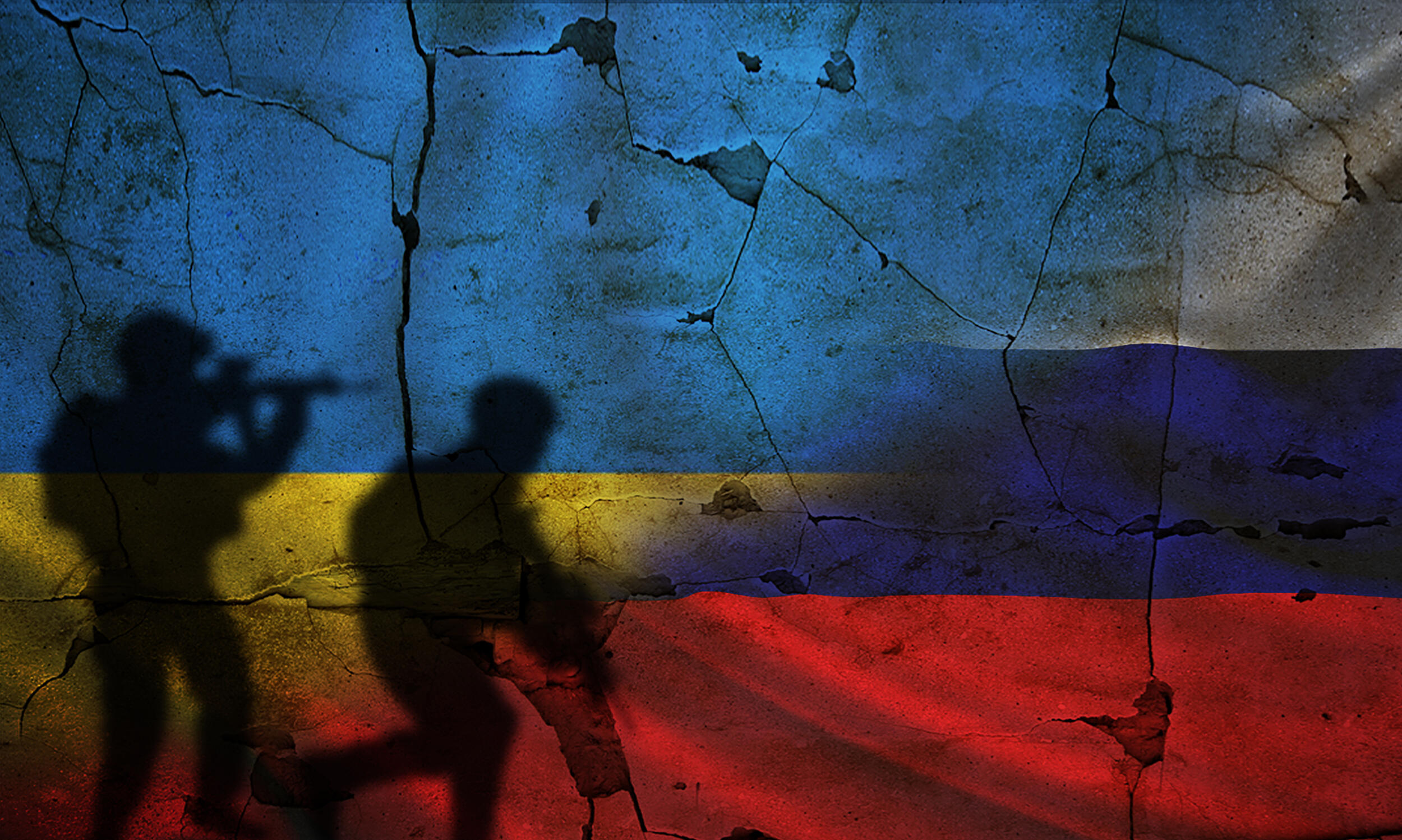Black silhouettes of two soldiers holding guns in front a cracked brick wall. Half of the wall has the image of the Ukrainian flag and the other half has the Russian flag. 