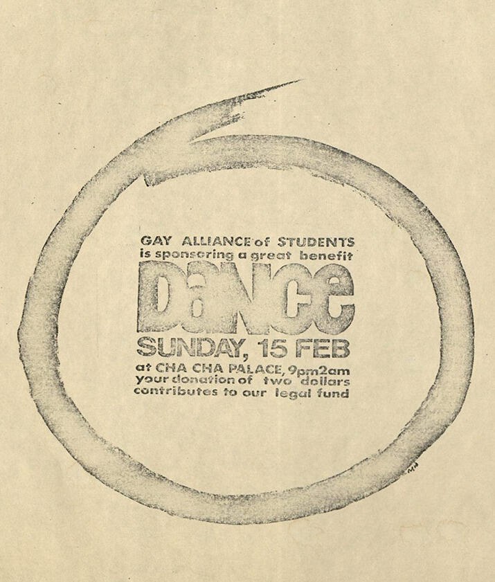 Flyer advertising the Gay Alliance of Students fundraising dance at Richmond’s Cha Cha Palace, which drew a crowd of 300 supporters.
<br>Source: The VCU Gay Alliance of Students Collection, 1974-1976, a collection in Special Collections and Archives, James Branch Cabell Library

