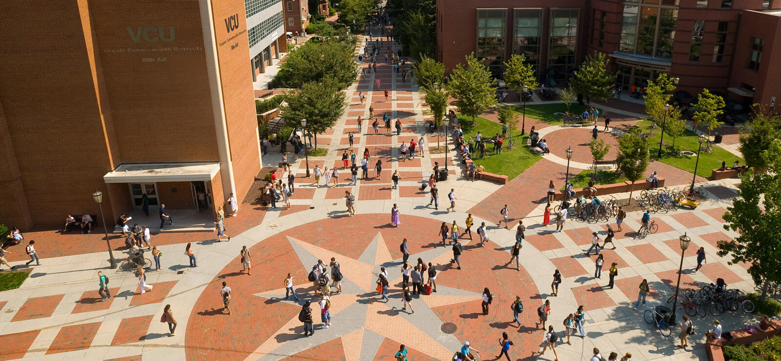 An aerial view of the Compass at Virginia Commonwealth University with students walking