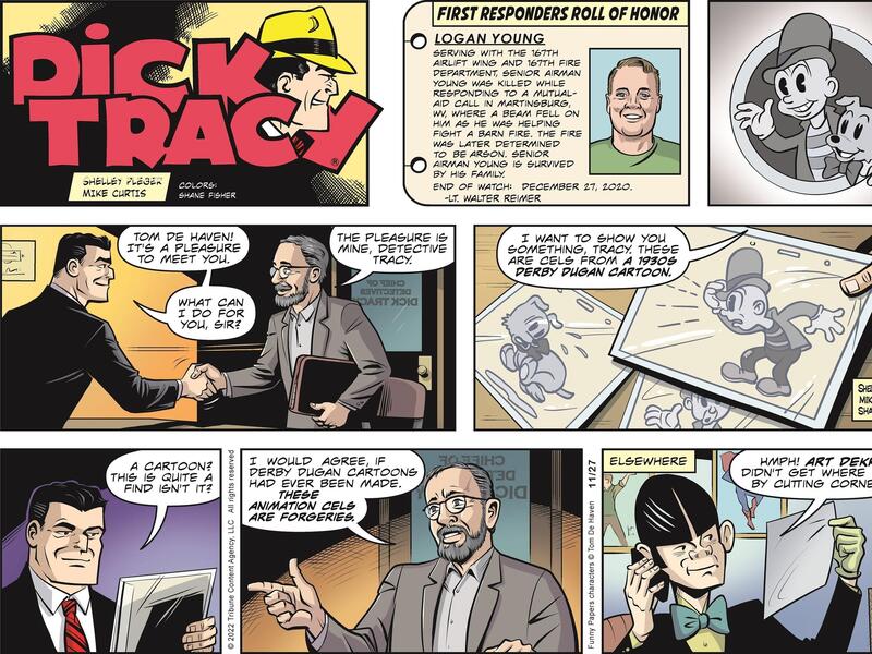 In the first frame of the second row, author and retired VCU professor Tom De Haven shakes hands with Detective Dick Tracy. (Reproduced courtesy of Tribune Content Agency, LLC)