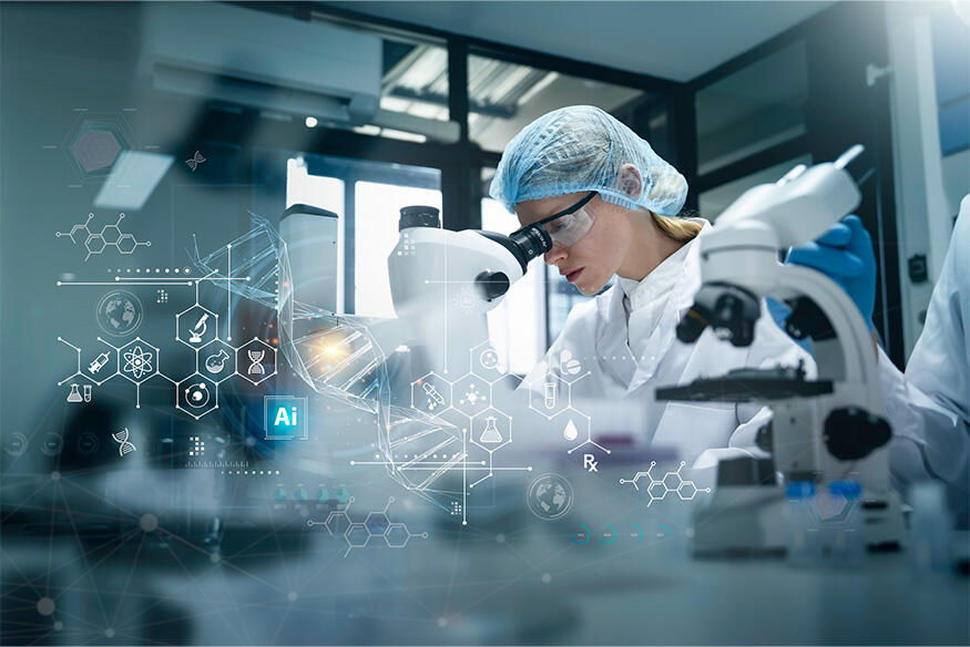 A photo of a woman looking into a microscope in a medical lab.