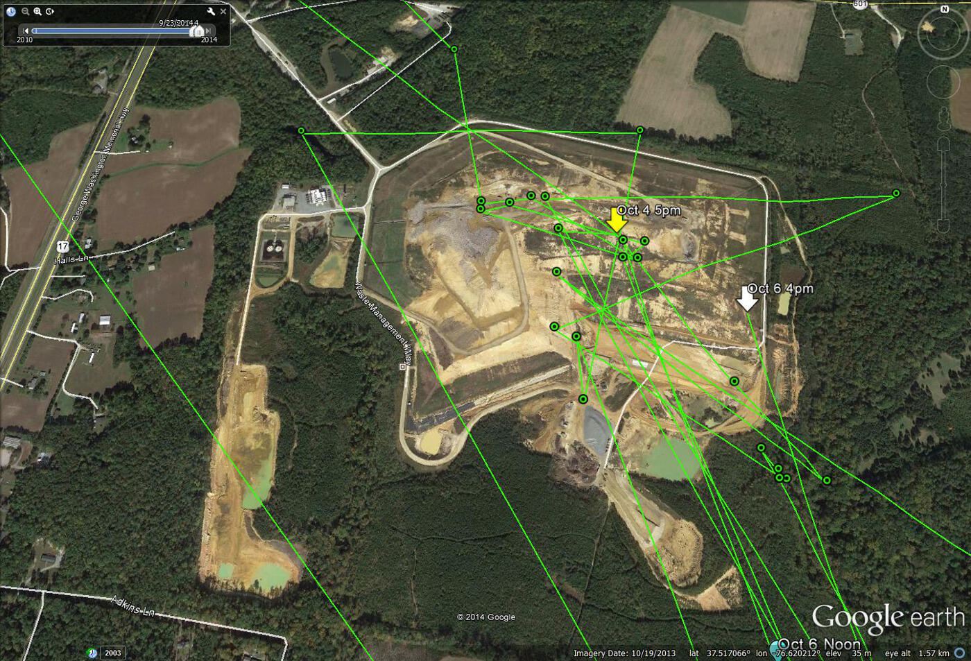 The flight pattern of a young eagle name Camelia. The green zigs and zags show her activity around a Gloucester County landfill.