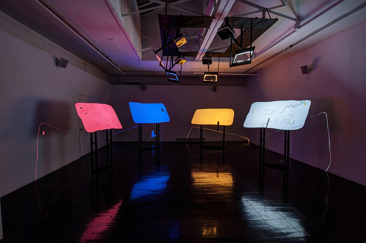 Z Axis Follies, 2015, Four Channel Digital Video Installation with Sound Dimensions Variable, Digital Video, Sound, MDF, Acrylic, Plasticine, Clock, Speaker Cone. The artist is Adam Collington, a recipient of the 2014-15 Toby Devan Lewis Fellowship, a one-year stipend granted to selected students at the 10 best art schools in the country.
<br>photo by Terry Brown