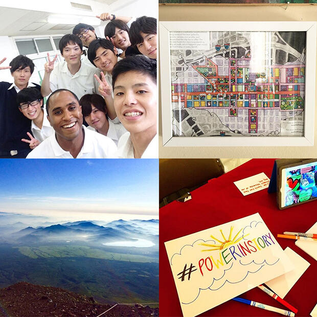 (clockwise from top left) Chaz Barracks with his former Japanese students; a hand-drawn map of Richmond showing RVA First Fridays locations; a view of mountains in the distance taken from the top of Mt. Fuji; and a table covered in markers, papers and an iPad.