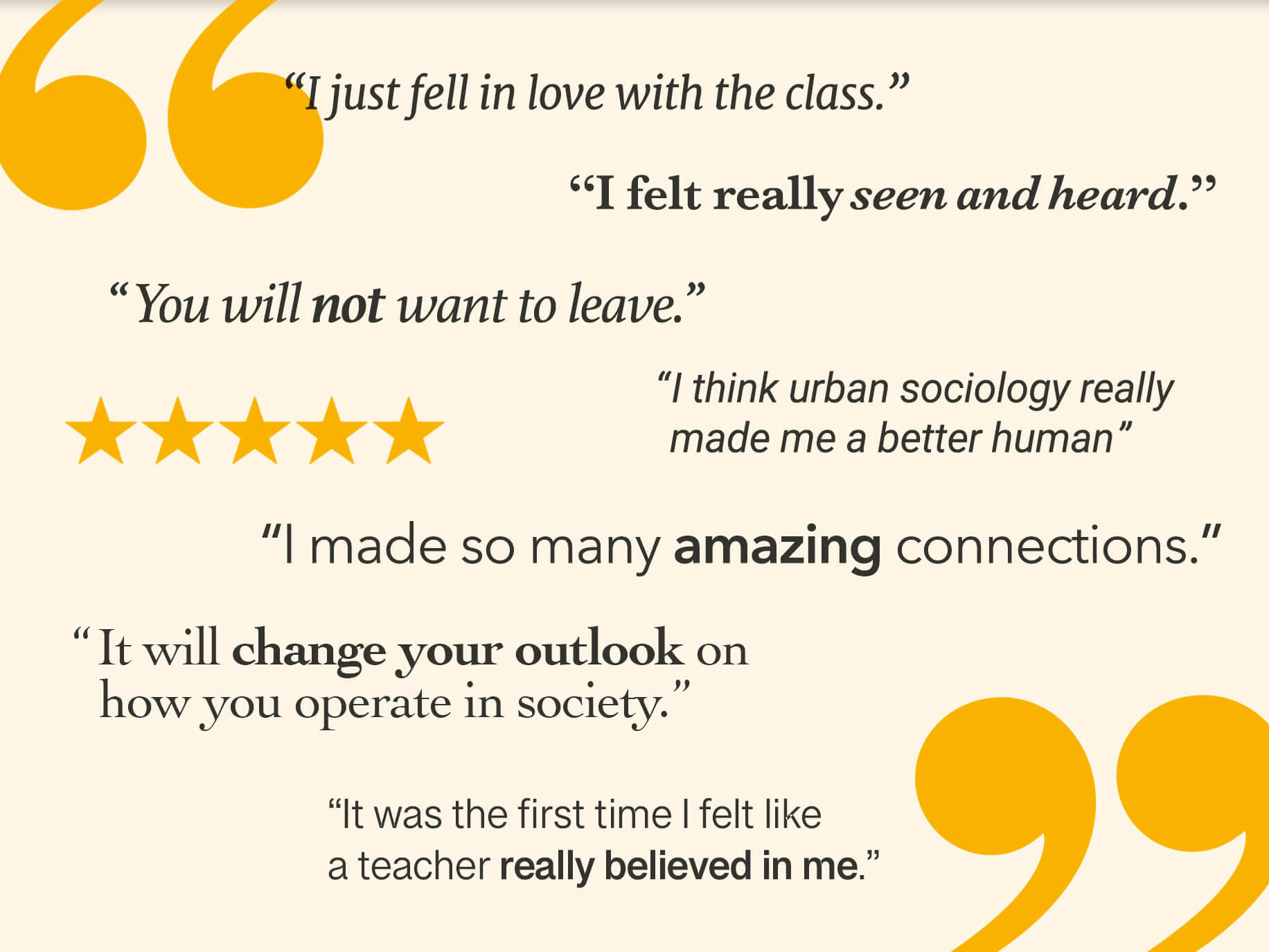 Collage of quotes from students about their classes.