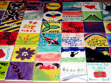 Tiles for the Mosaic of Hope are fired and displayed in the bone marrow transplant unit as a way to honor both the individual and shared journey of patients and caregivers.  Photo courtesy of Lisa Shickle, VCU Massey Cancer Center