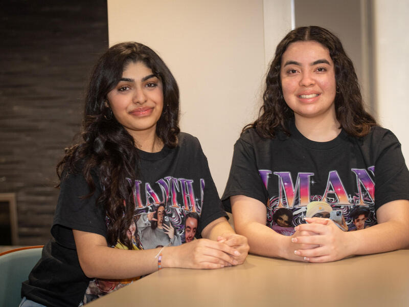 Iman Sikandar (left) and Samantha Mendoza-Hernandez  (right) didn’t know each other when they became roommates freshman year, but now they are inseparable. (Thomas Kojcsich, Enterprise Marketing and Communications)