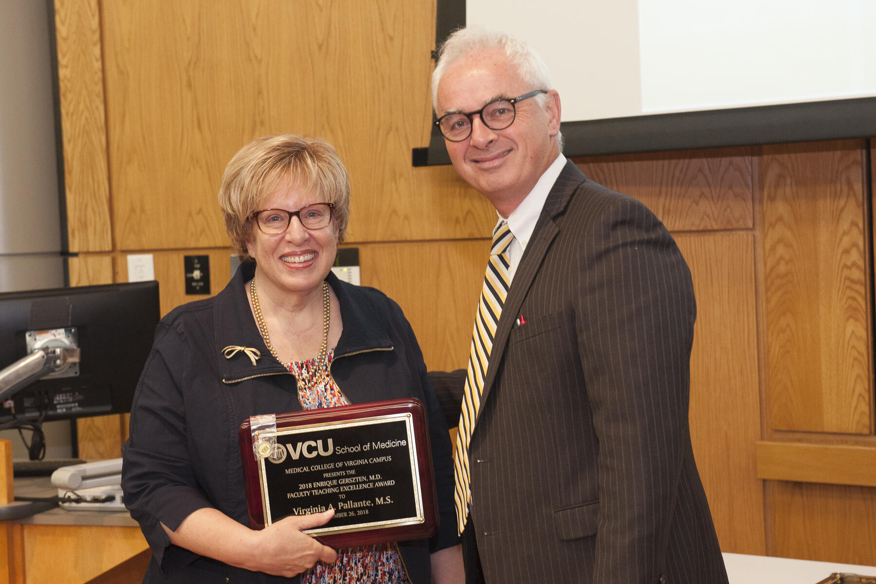 Virginia Pallante, left, an instructor and senior genetic counselor in the Department of Human and Molecular Genetics at VCU Health, also was recognized with the Gerszten Award. (Photo by Tom Kojcsich, University Relations)