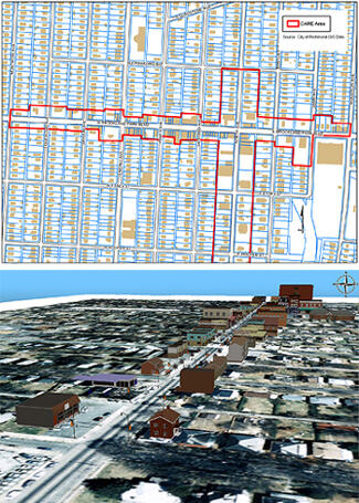 A traditional view (at top): The Brookland Park Boulevard revitalization plan and others like it frequently include two dimensional maps like this as part of the presentation to community leaders and members.  Added dimension (above): Students in I-Shian (Ivan) Suen’s Global Information Systems applications in decision analysis course recreated the Brookland Park Boulevard Plan in a 3D computer model.  It allows community members to zoom in and out and literally move through the district to see how proposed changes will impact their community. Courtesy of I-Shian (Ivan) Suen, Ph.D., assistant professor of urban studies and planning.