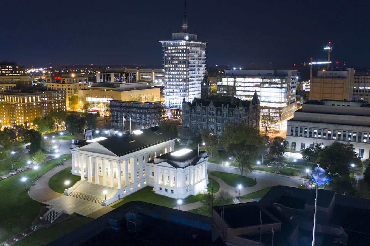 An areal view of Richmond at night