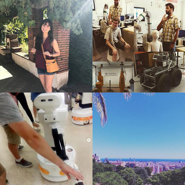 (clockwise from top left) Roxanne Jassawalla; students interacting with robots at the Institute of Robotics and Industrial Informatics; a view of Barcelona rooftops; and a PAL Robotics robot.
