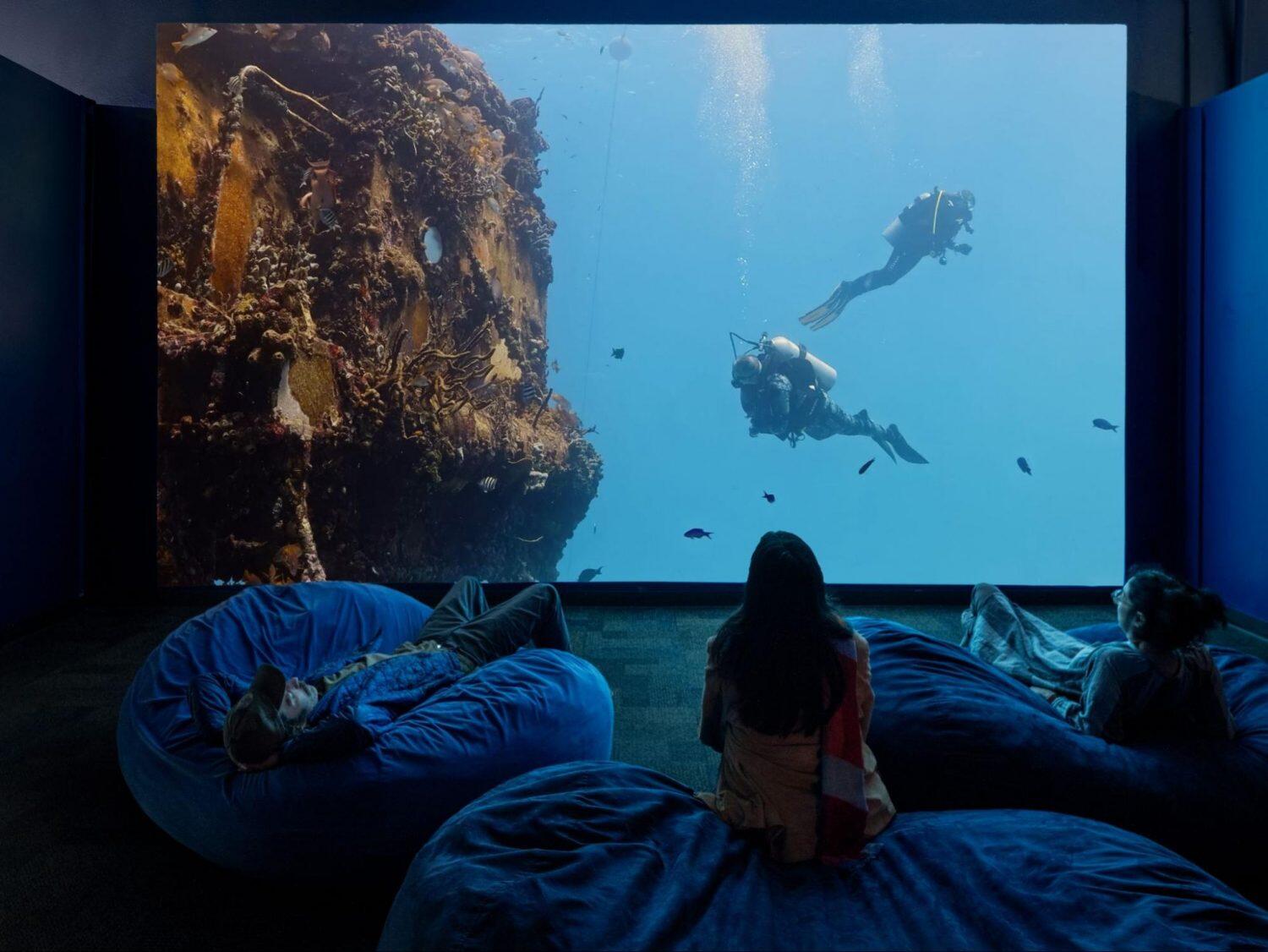 Three people sit on bean bag chairs on the floor and watch a video of divers underwater.