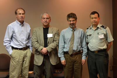 The Central Virginia Chapter of the Society for Neuroscience held its 23rd Annual Neuroscience Symposium on March 18 at the MCV Alumni Association Conference Center at Virginia Commonwealth University. The topic of the symposium was “Neuroengineering: Insights from Brain-Machine Interfaces.” The speakers included, from left to right, Andrew Schwarz, Ph.D., professor of neurobiology from the University of Pittsburgh; Patrick Tresco, Ph.D., chair of biomedical engineering at the University of Utah; Thomas Anastasio, Ph.D., a neuro-computationalist from the University of Illinois at Urbana-Champaign; and Col. Geoffrey Ling M.D., Ph.D., chair of neurology at Uniformed Services University of the Health Sciences and program manager at DARPA. Peter Pidcoe, PT, Ph.D., associate professor in the VCU Department of Physical Therapy, was also a speaker, but is not pictured. Image courtesy of Les Keniston.