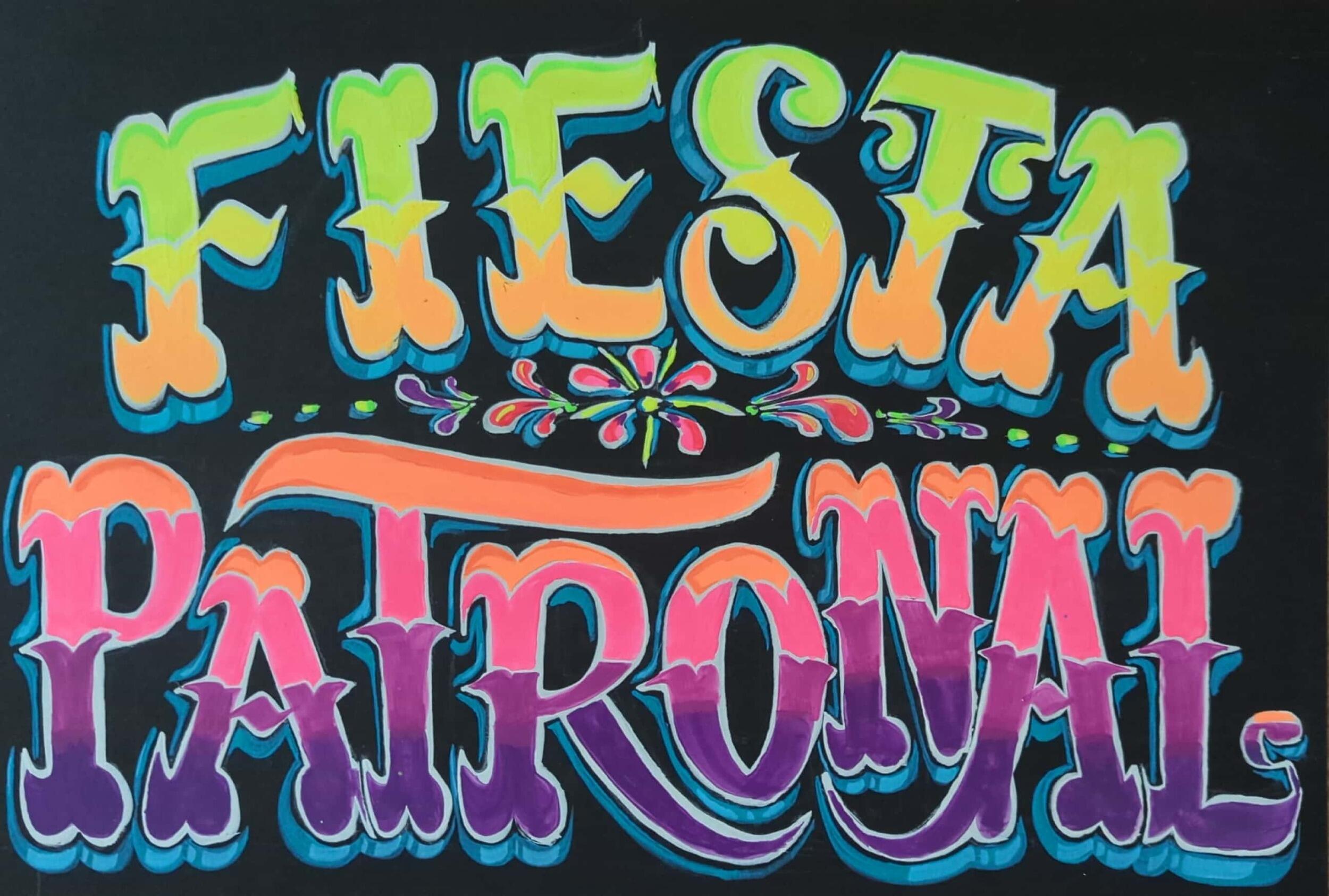 Text that says \"Fiesta\" in green, yellow and orange letters and \"patronal\" in orange, pink and purple letters. 