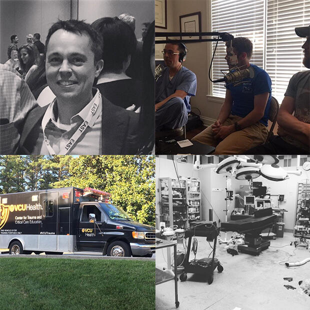 (clockwise from top left) Levi Procter; Levi and a colleague answering questions about trauma surgery in a radio studio; a surgery room crowded with equipment; and a VCU Health ambulance used in training.