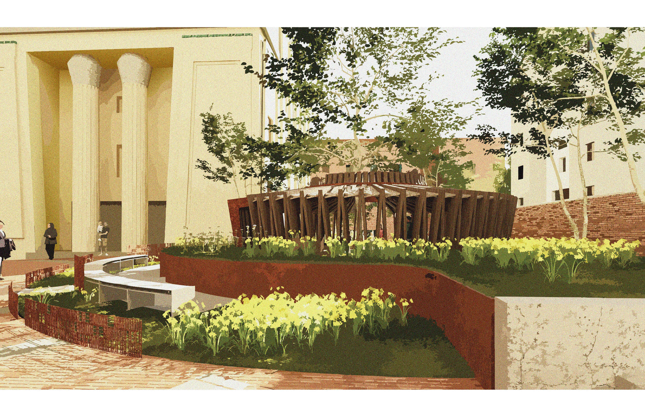 A rendering depicts a small building in the middle of a small garden area.