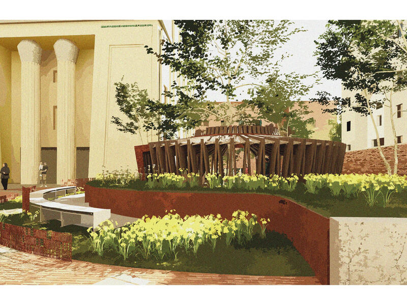 A rendering depicts a small building in the middle of a small garden area.