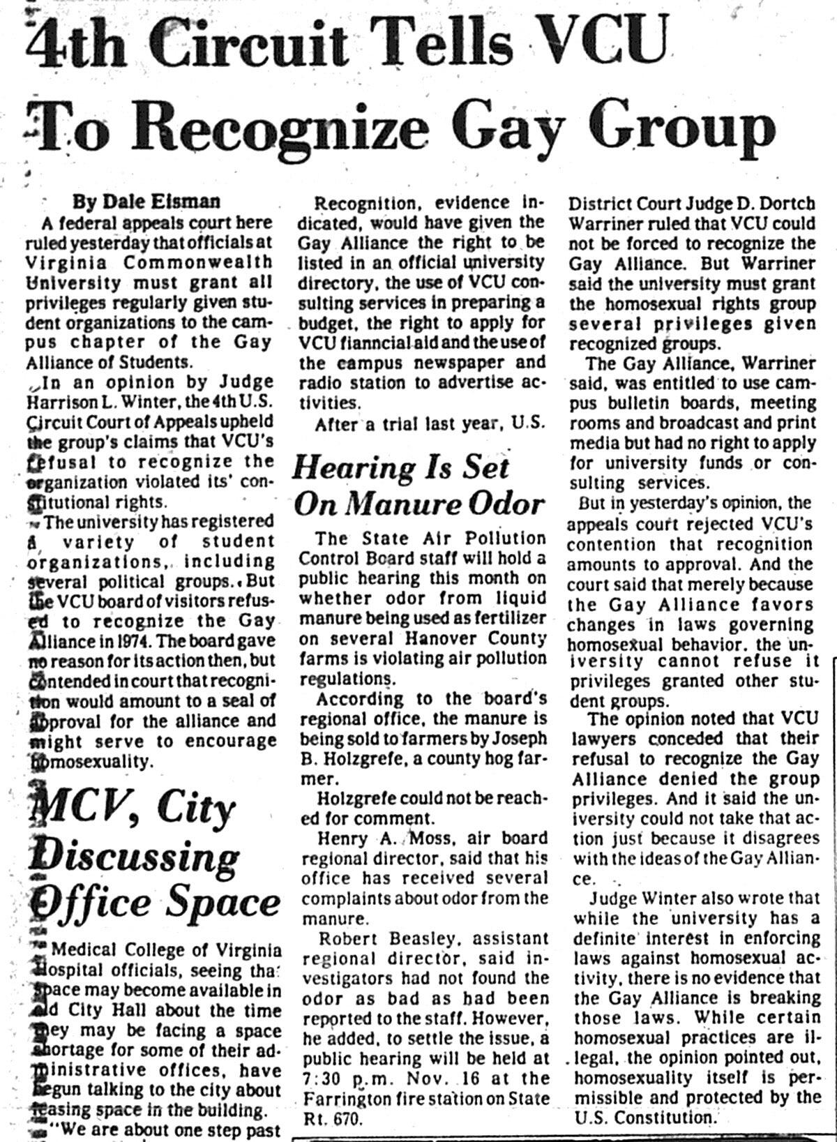 “4th Circuit Tells VCU to Recognize Gay Group”
<br>Richmond Times-Dispatch, Nov. 2, 1976