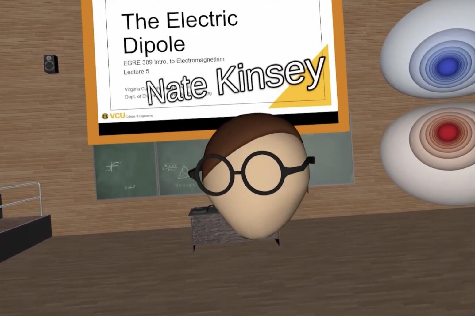 Nathaniel Kinsey (using an avatar in virtual reality) demonstrates properties of an electric dipole. Kinsey and data visualization startup SciVista are collaborating to turn engineering concepts into immersive VR experiences for students.