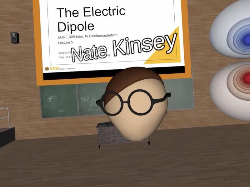 Nathaniel Kinsey (using an avatar in virtual reality) demonstrates properties of an electric dipole. Kinsey and data visualization startup SciVista are collaborating to turn engineering concepts into immersive VR experiences for students.