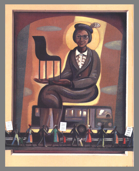 An illustration of Rosa Parks, who is seated atop a bus and holding a chair.
