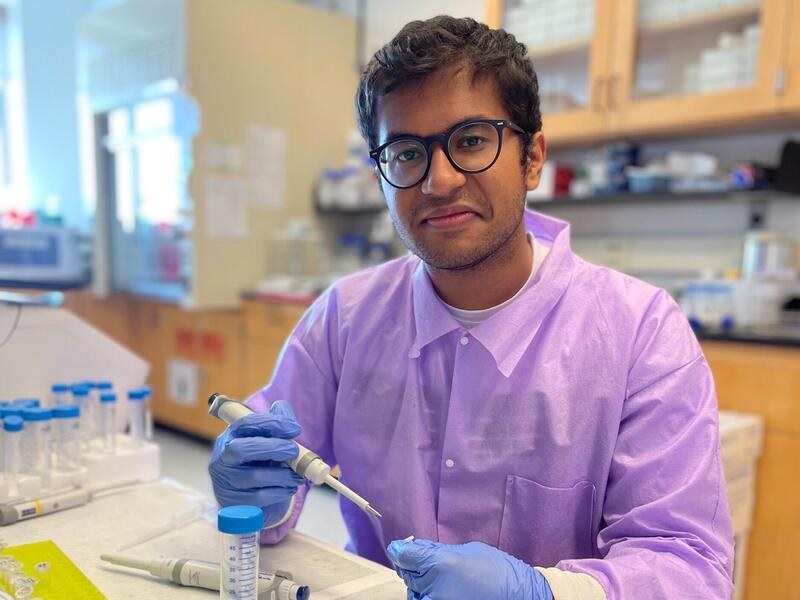 Biology student Anubhav Thapaliya in Erich Damm's wet lab. (Maggie Nguyen)