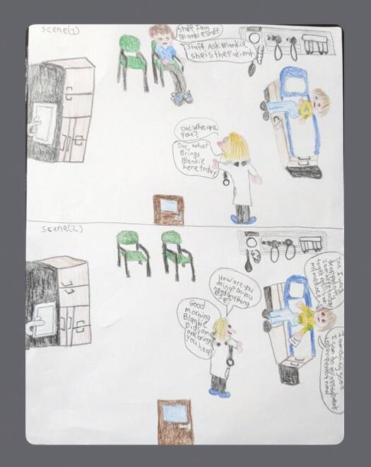 An comic illustrated with colored pencil of a patient talking to a doctor. 