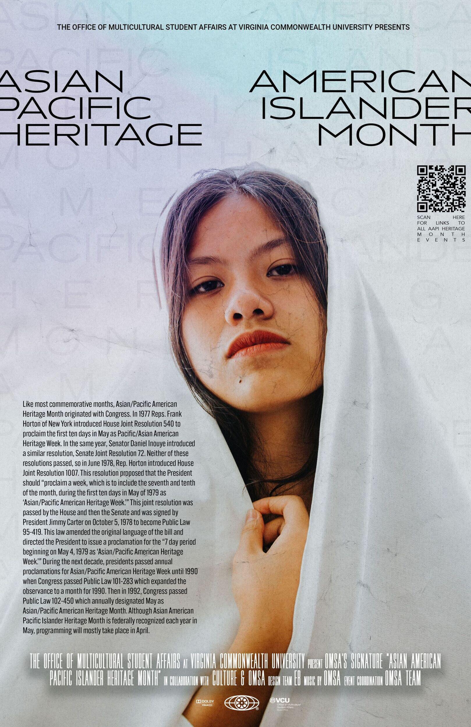 An events poster with a photo of an Asian woman wearing a white cloth around her head and upper body. 