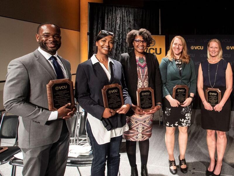 From left to right: PACME recipients Kelechi (K.C.) Ogbonna, Mignonne Guy, LaChelle Waller, Jenna Lenhardt, and Sofia Hiort-Wright with Michael Rao and Aashir Nasim. (Tom Kojcsich, University Marketing)