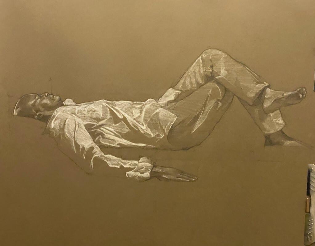 Painting of a figure lying down with one leg crosssed over the other.