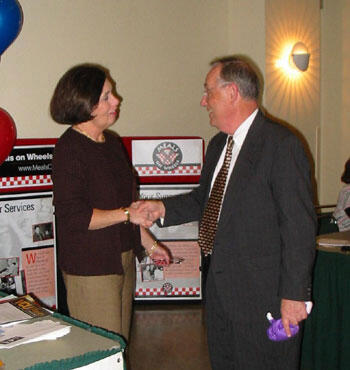 VCU President, Dr. Eugene P. Trani greets Judy Turberville, Massey Cancer Center Advisory Board member volunteer, during the CVC kickoff at the VCU Commons.

Photo by Malorie Janis, University News Services