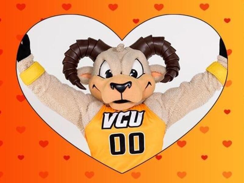 Rodney the Ram mascot framed by a heart.