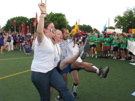 High school junior and senior foreign language students from across Virginia “kick off” this year’s Global Village Olympics on July 1 during the Governor’s Foreign Language Academies held annually at VCU.  Photo by Kevin Cusumano.