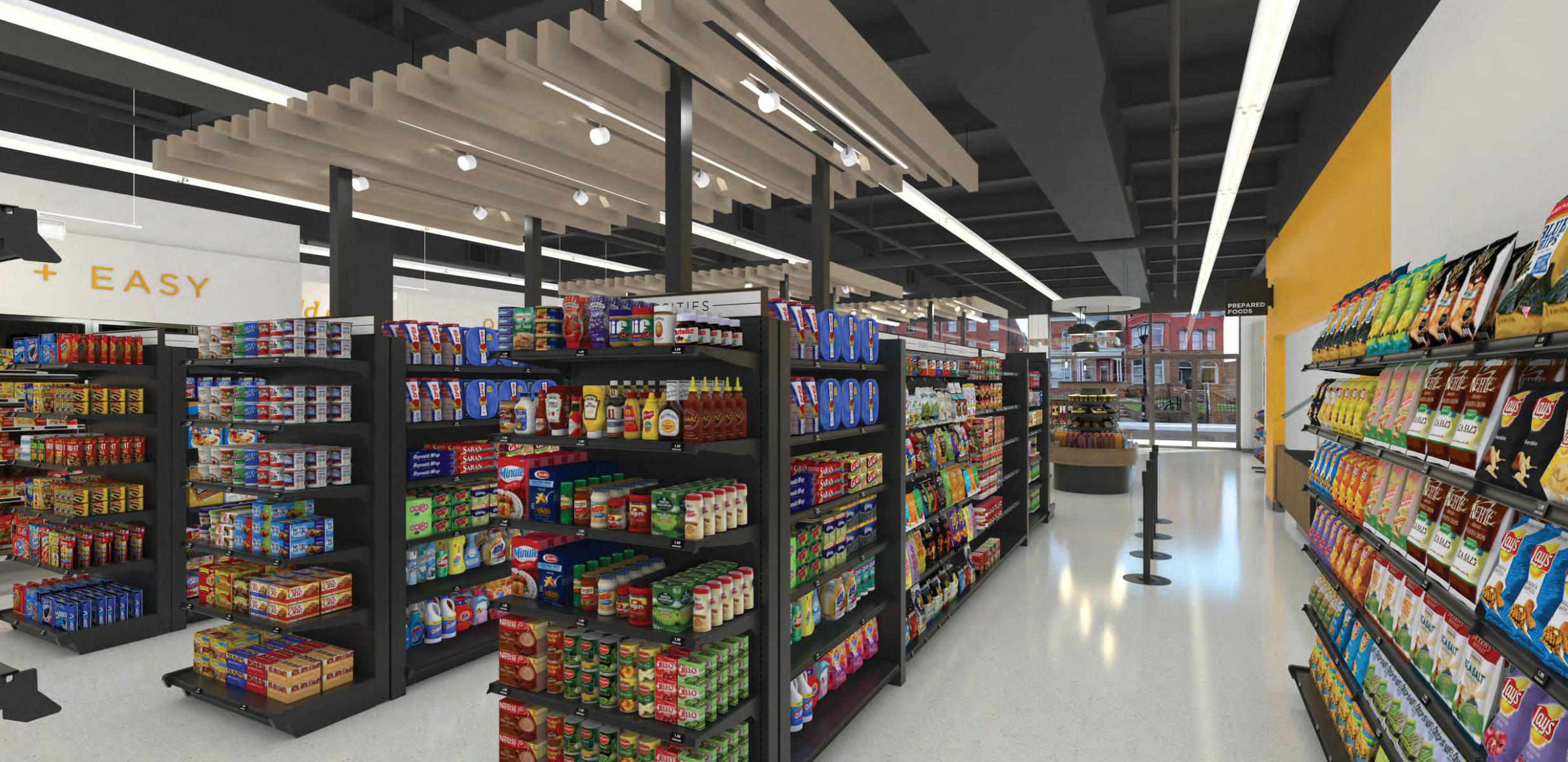 Digital rendering of a small grocery market, with shelves stocked with goods