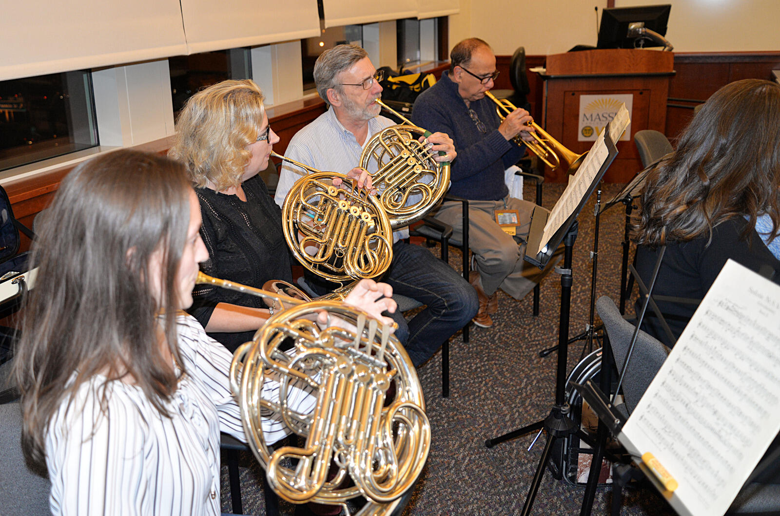Members of the VCU Health Orchestra’s brass section at their first rehearsal.

