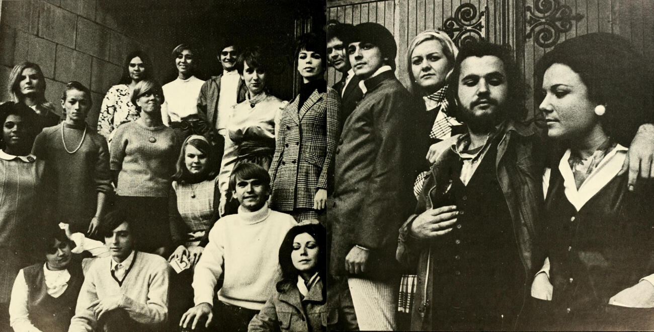 Beatrice Wynn Bush (far left) and Mary Anne Moorman (third from right) pose for a yearbook group photo with other Department of Dramatic Art and Speech seniors in 1969.