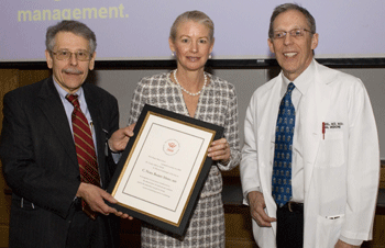 From left: George Vetrovec, M.D., chair of the VCU School of Medicine's Division of Cardiology, C. Noel Bairey Merz, M.D., 2008 Dr. Carolyn McCue Woman Cardiologist of the Year, and Richard P. Wenzel, M.D., professor and chair of the Department of Internal Medicine. Photo credit: Melissa Gordon, VCU Office of Communications and Public Relations.