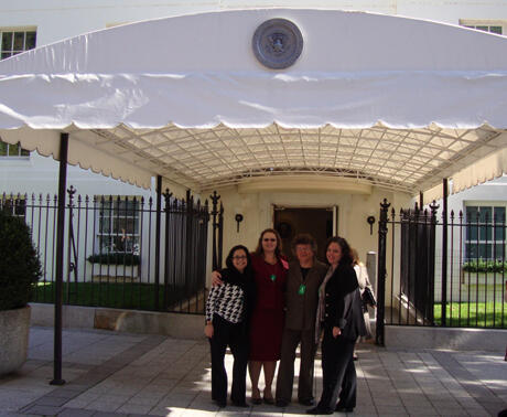 From left: VCU alumna Abby Dini; School of Social Work student Priscilla Witwer;  Alumna Janett Forte, M.S.W., director, VCU Institute for Women's Health and assistant professor, Department of Psychiatry; and Karen Rotabi, Ph.D., assistant professor, School of Social Work, pause for a picture outside the White House. They were visiting Washington, D.C., to brief the Obama administration and members of Virginia’s Congressional delegation on violence against women in Guatemala. Photo provided by Janett Forte.