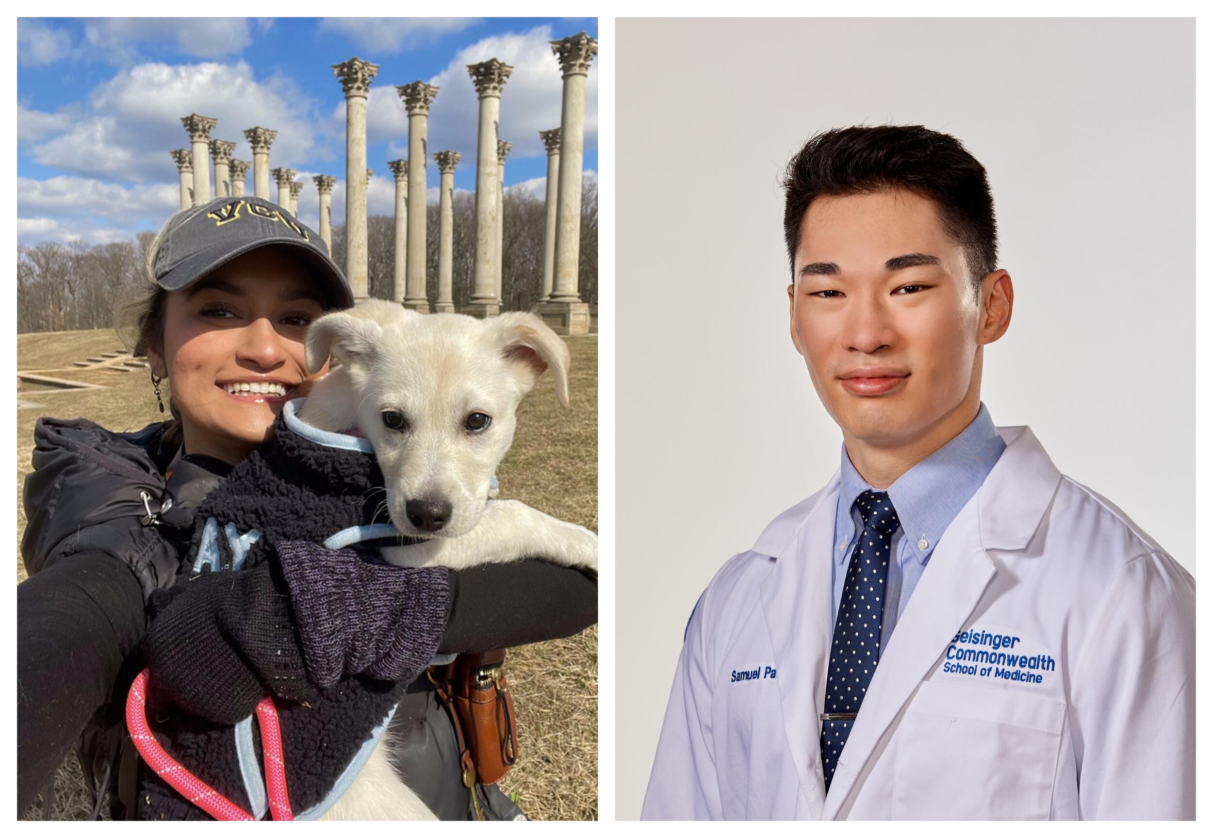 On the left is a photo of a woman holding a dog and on the right is a photo of a man in a white lab coat