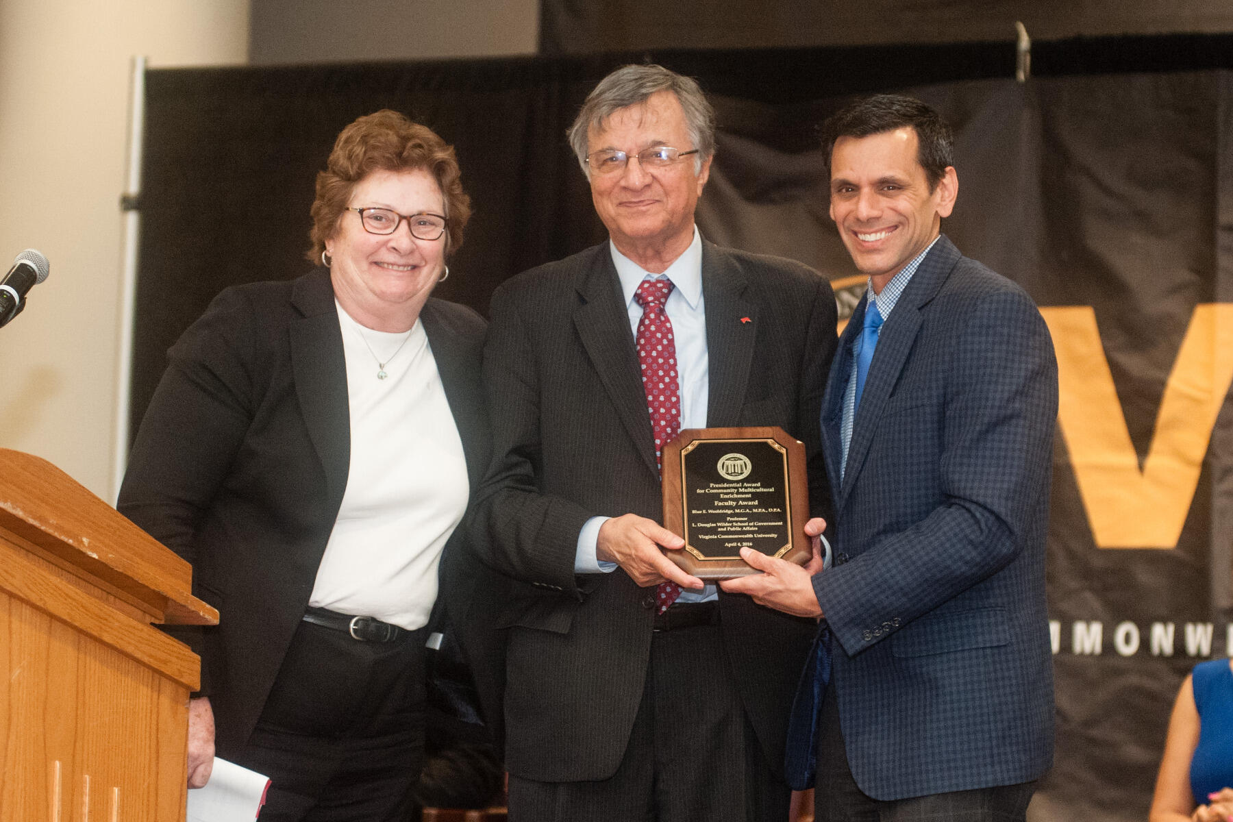 Blue Wooldridge, D.P.A., with Provost Gail Hackett, Ph.D., and President Michael Rao, Ph.D.