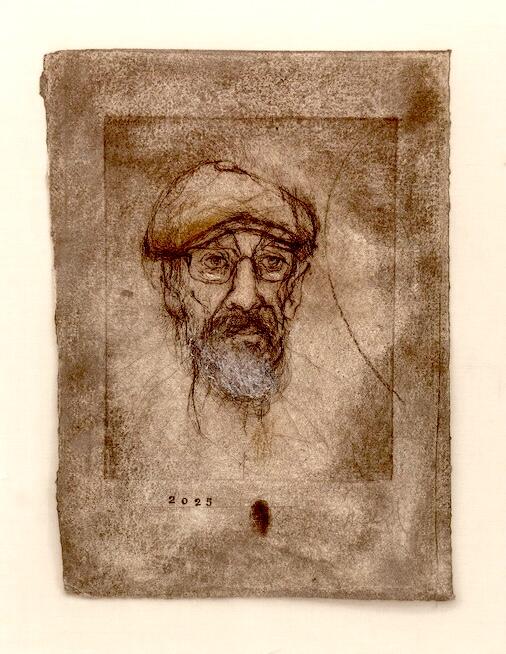 An illustragtion of a man wearing a hat and glasses from the neck up. 